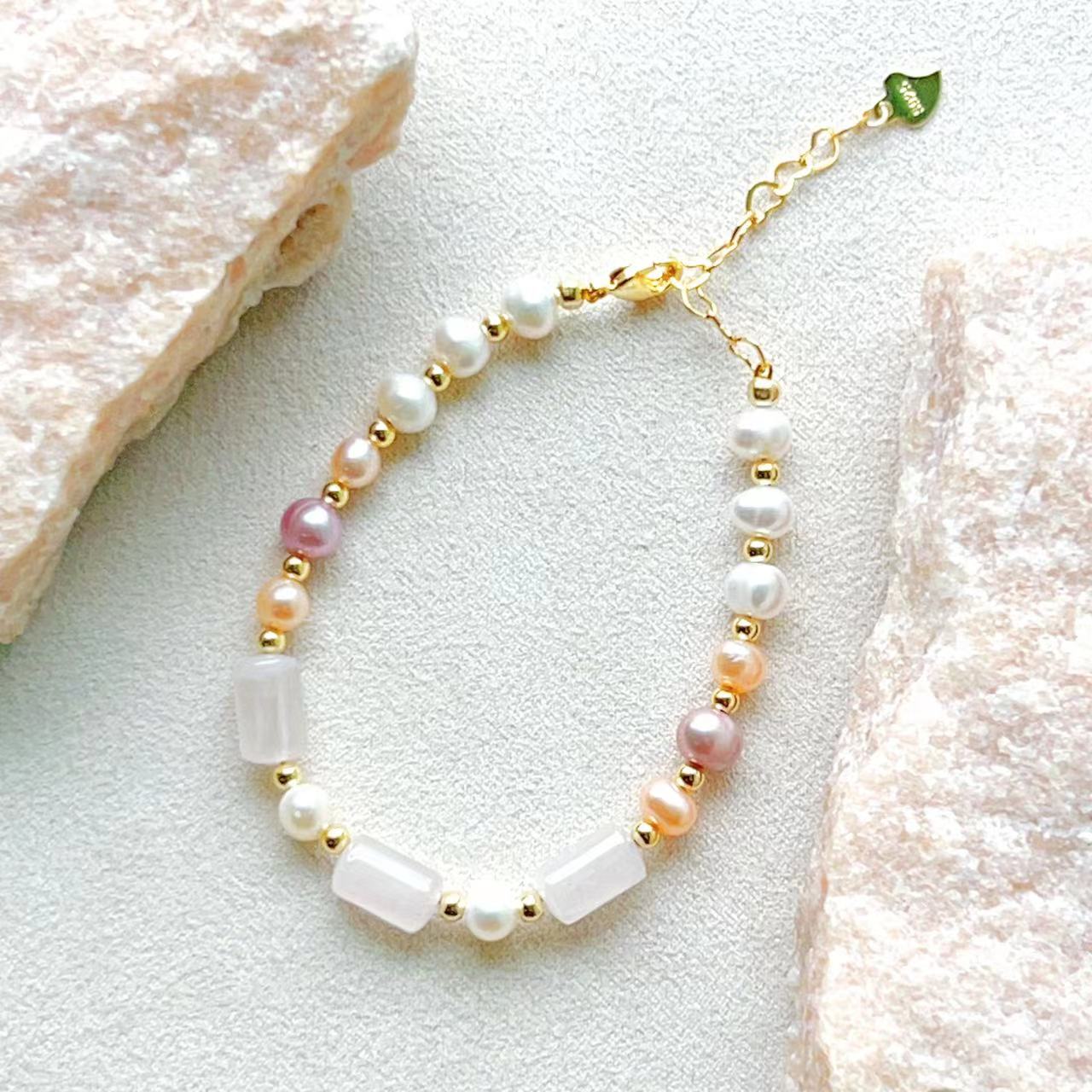 Rose Quartz & Freshwater Color Pearl Balance Energy Bracelet