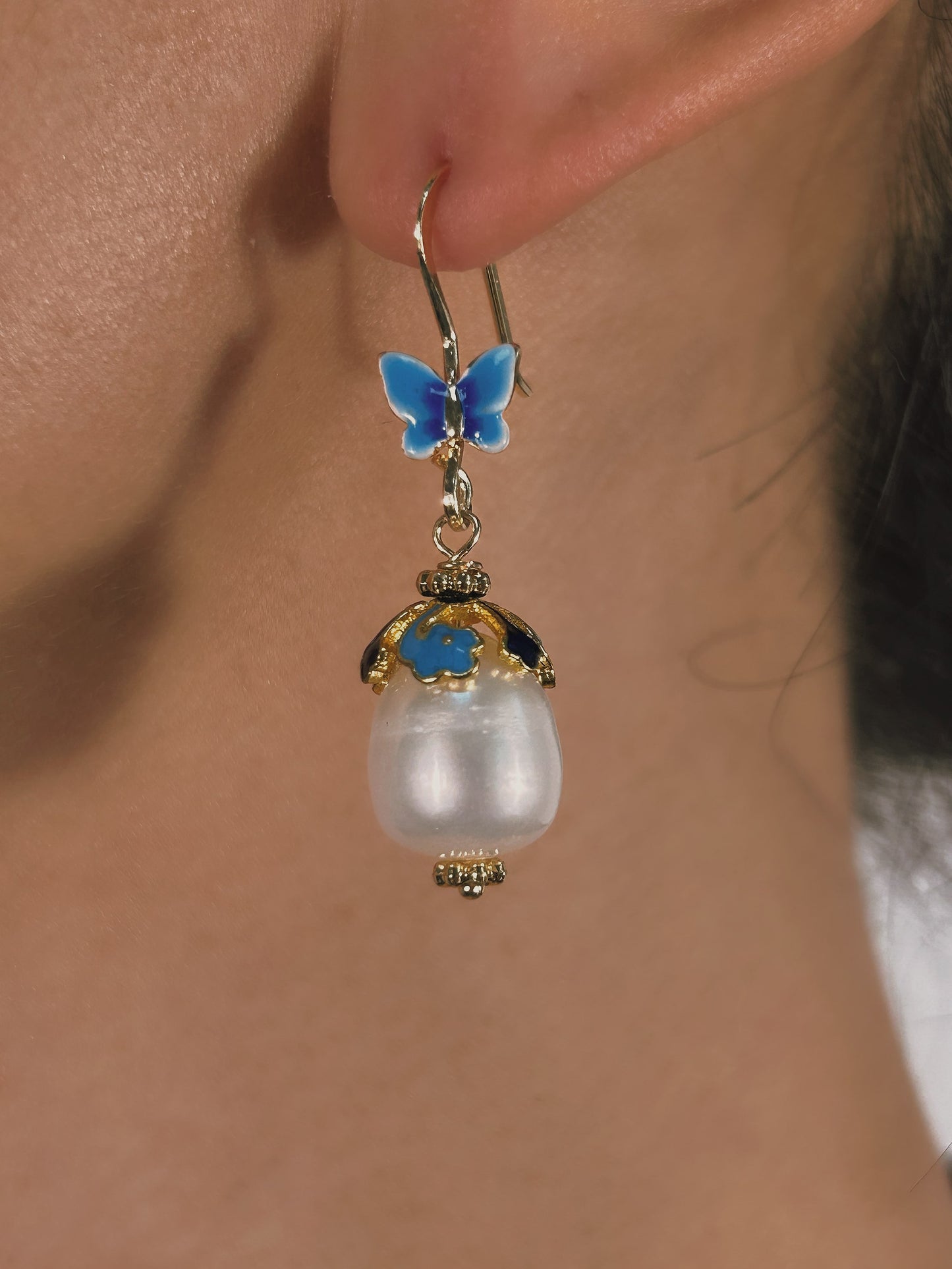 Genuine Freshwater Baroque Pearl Blue Butterfly Earrings (Limited Edition)