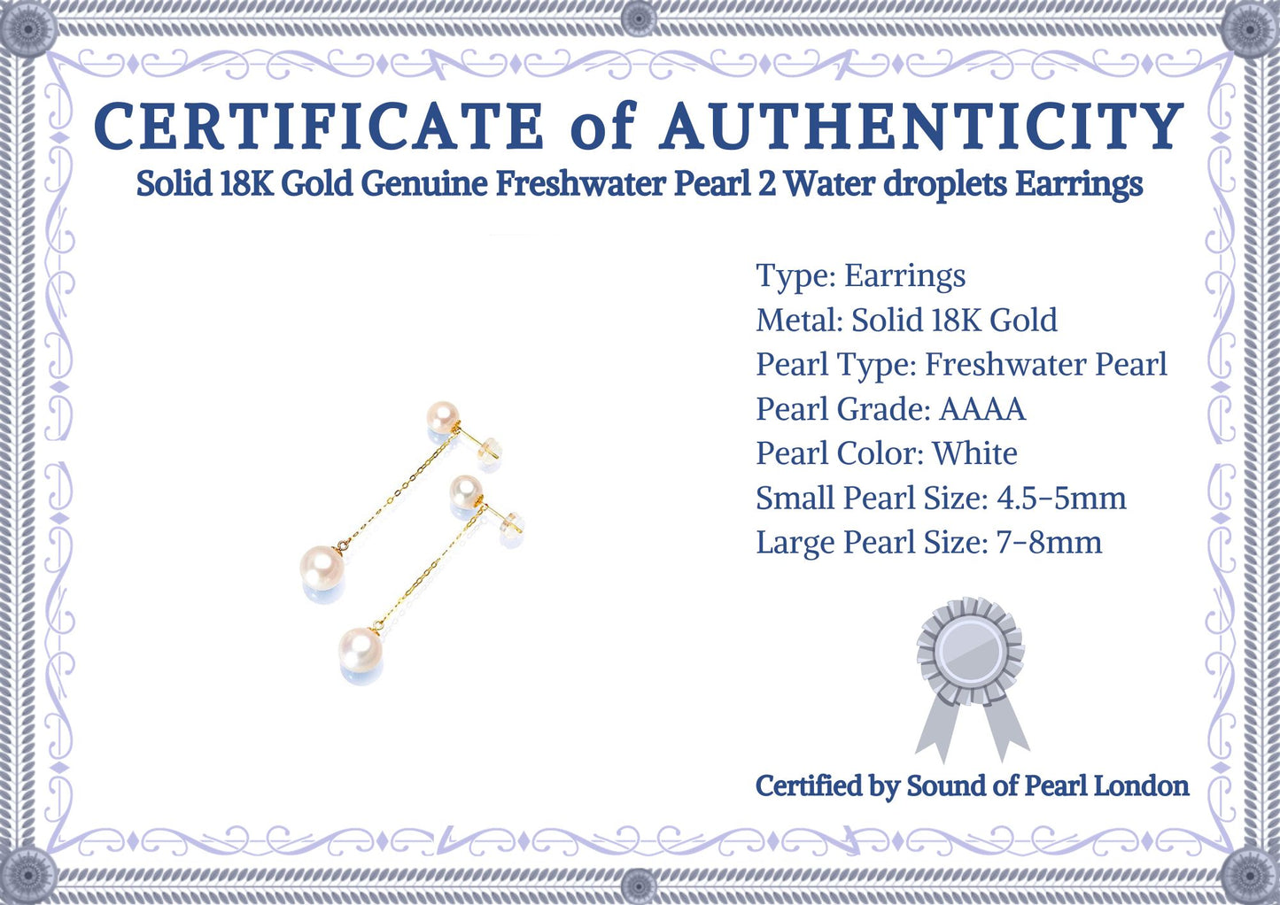 Solid 18K Gold Genuine Freshwater Pearl 2 Water droplets Earrings