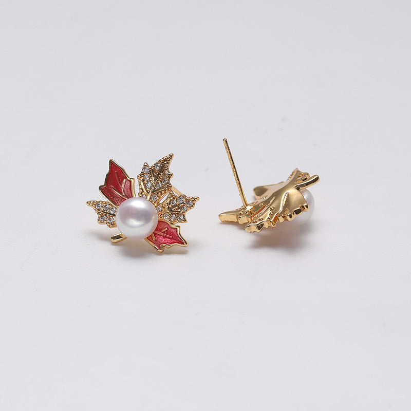 Genuine Freshwater Pearl Solid S925 Silver Maple Leaf Earrings