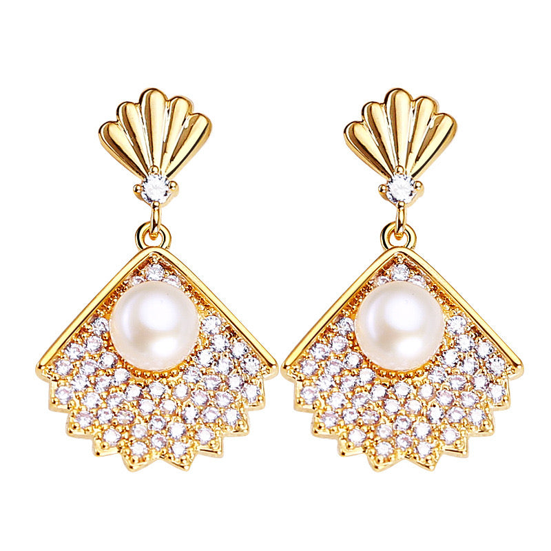 Brass Plated with 18K Gold Genuine Freshwater Pearl Fan Shell Earrings