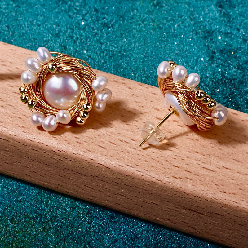 Genuine Freshwater Baroque Pearl The Bird's Nest Earrings