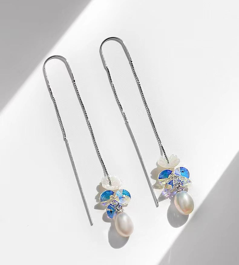 Genuine Freshwater Pearl Blue Flower Earrings