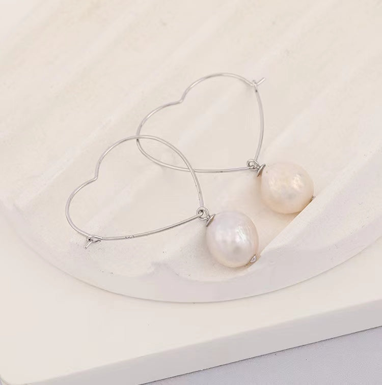 Genuine Baroque Pearl Solid S925 Silver Heart Earrings