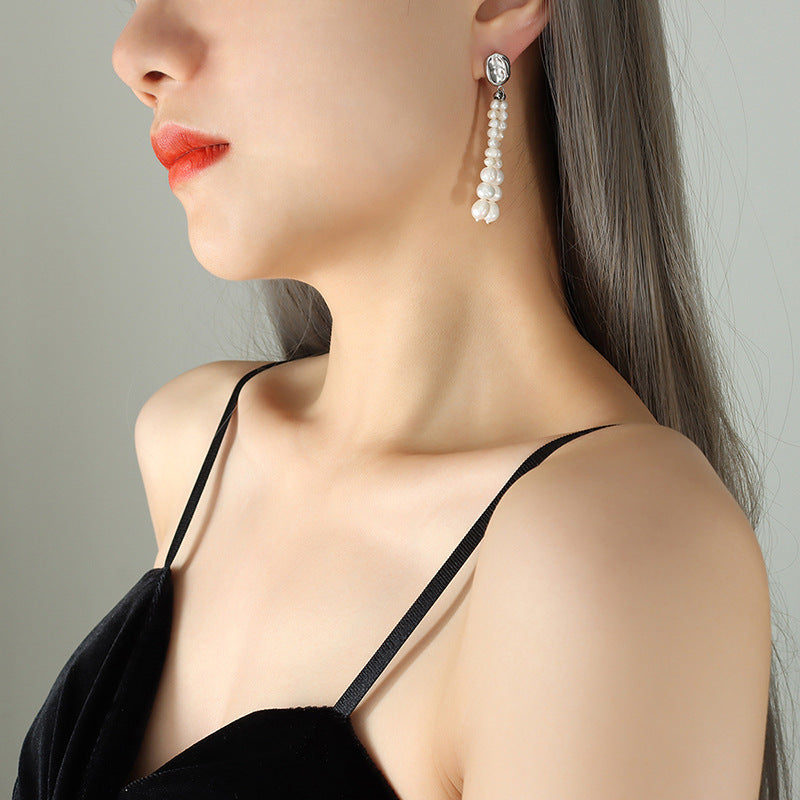 Genuine Freshwater Pearl Titanium Steel Morning Dew Earrings