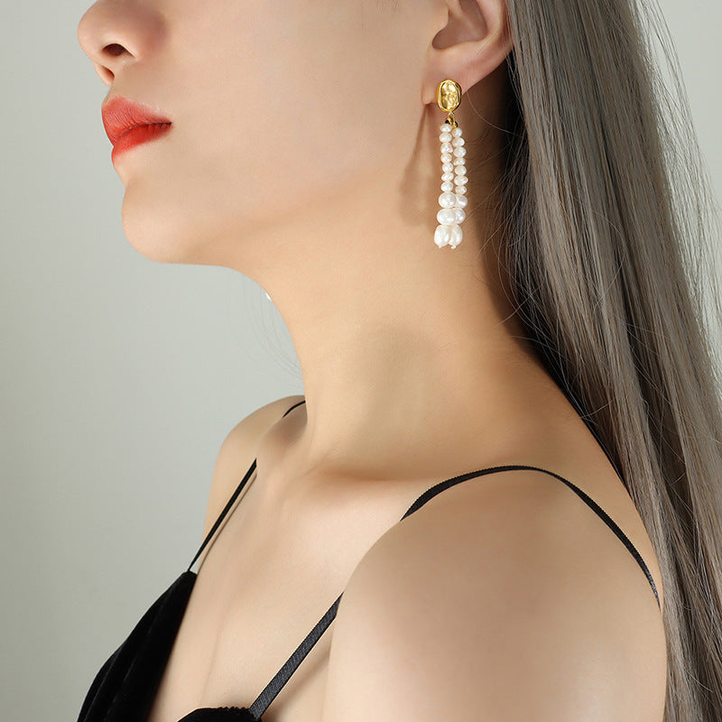 Genuine Freshwater Pearl Titanium Steel Morning Dew Earrings