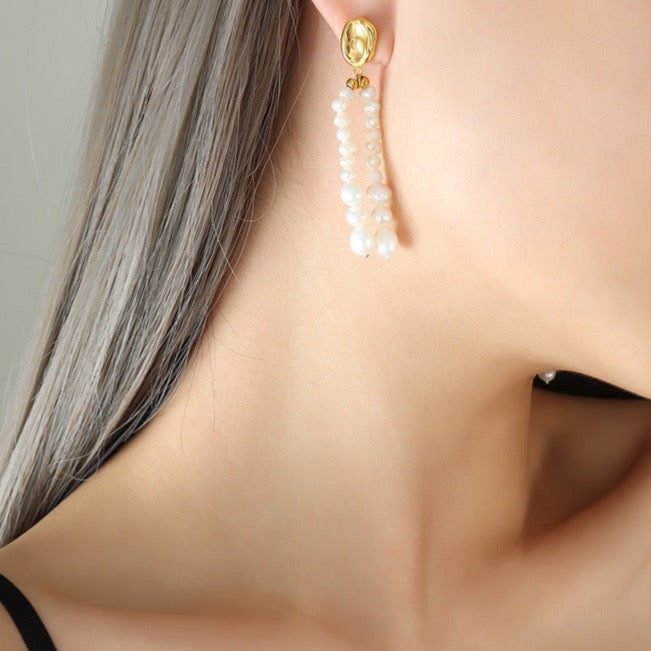 Genuine Freshwater Pearl Titanium Steel Morning Dew Earrings