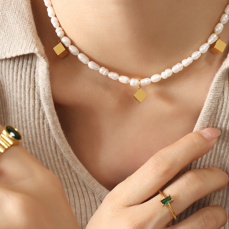 Genuine Freshwater Pearl Titanium Steel Magic Cube Necklace