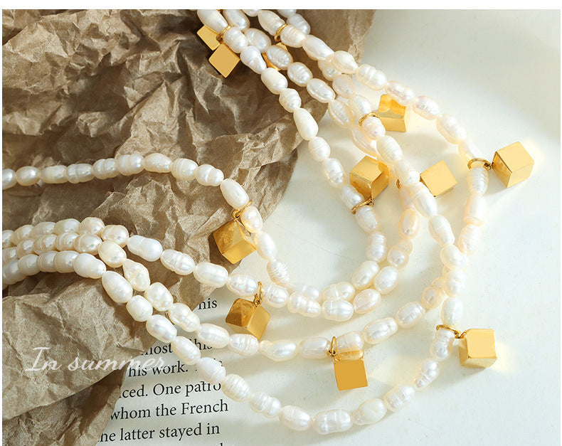 Genuine Freshwater Pearl Titanium Steel Magic Cube Necklace