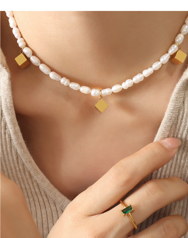 Genuine Freshwater Pearl Titanium Steel Magic Cube Necklace