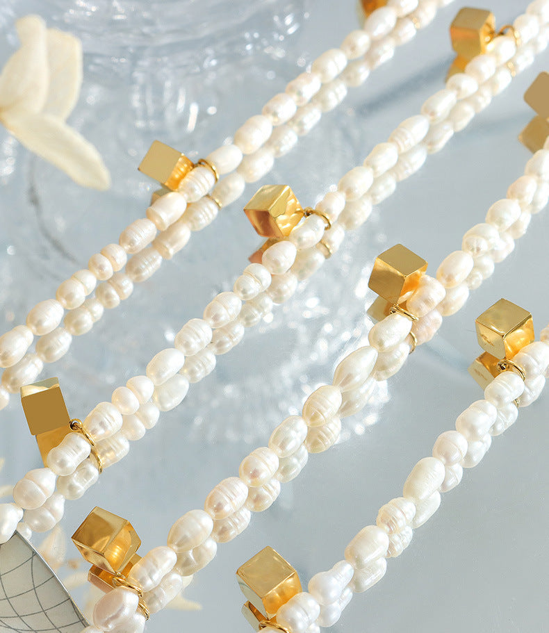 Genuine Freshwater Pearl Titanium Steel Magic Cube Necklace