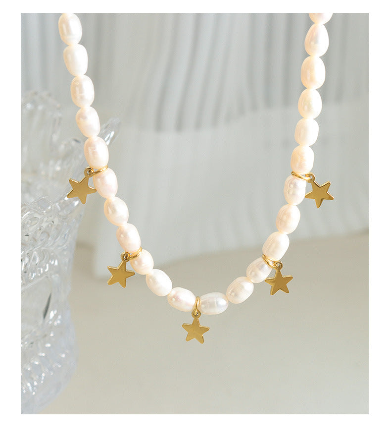Genuine Freshwater Pearl Titanium Steel Stars Necklace