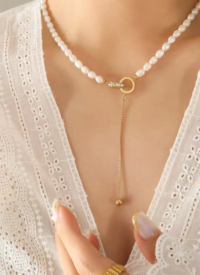 Genuine Freshwater Pearl Titanium Steel Circle of Hope Necklace