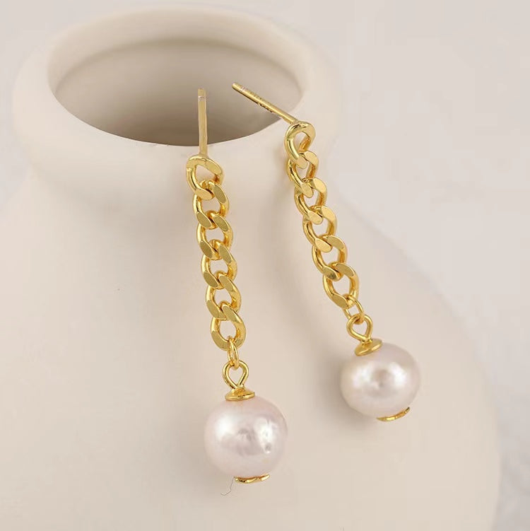 Genuine Baroque Pearl Solid S925 Silver Chain Earrings