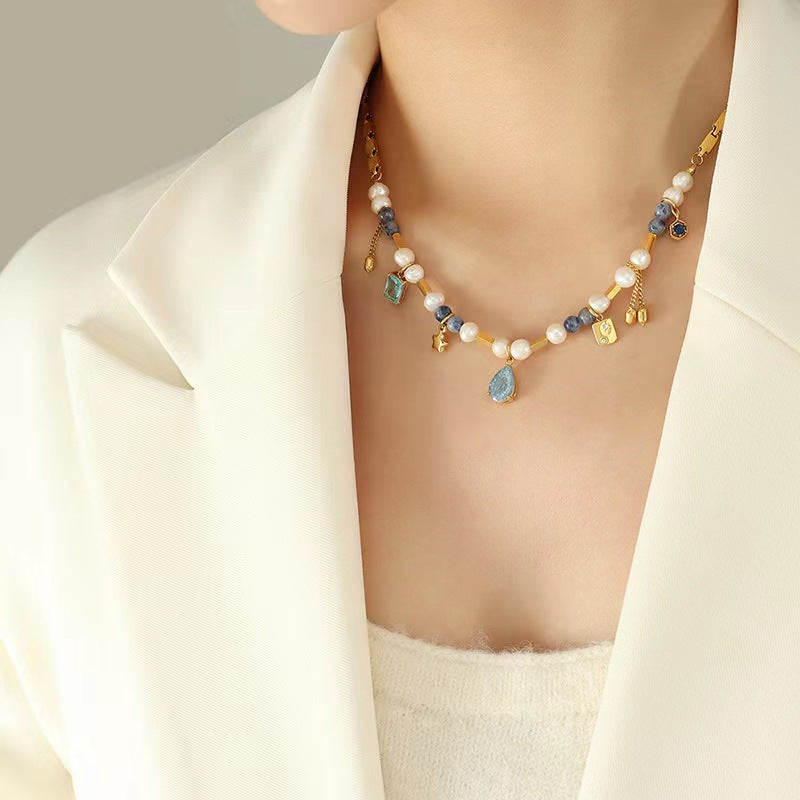 Genuine Freshwater Pearl Titanium Steel Blue Dream Necklace