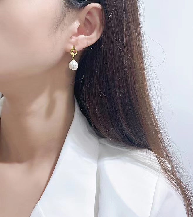 Genuine Baroque Pearl Solid S925 Silver God's Knot Earrings