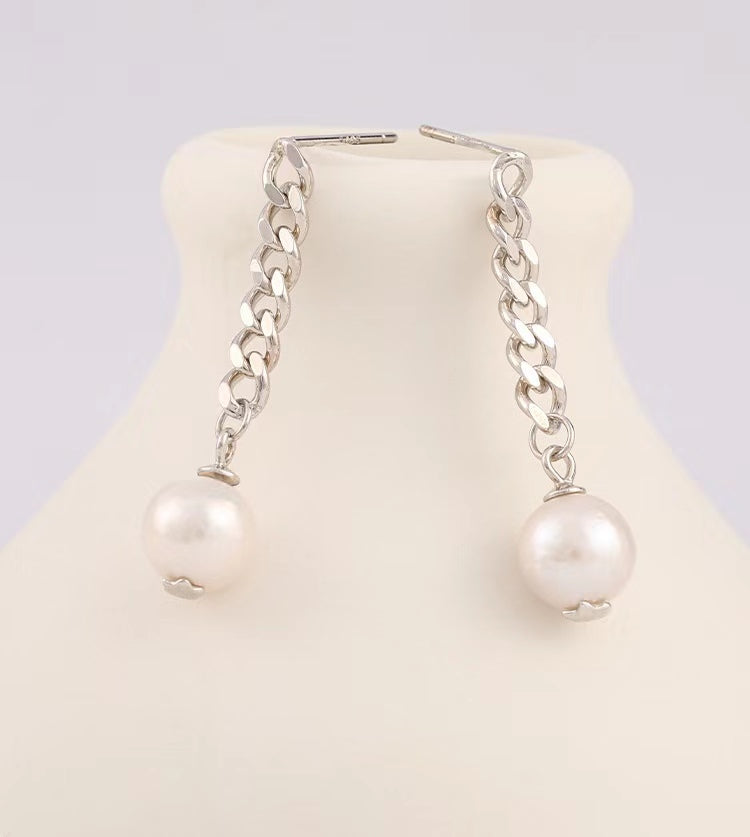 Genuine Baroque Pearl Solid S925 Silver Chain Earrings