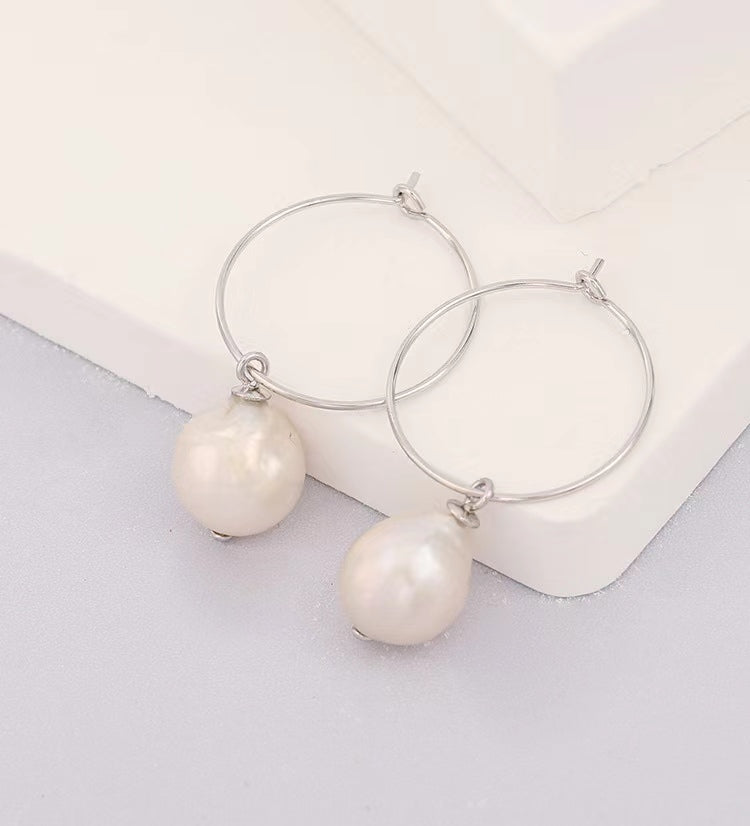 Genuine Baroque Pearl Solid S925 Silver Sun Halo Earrings