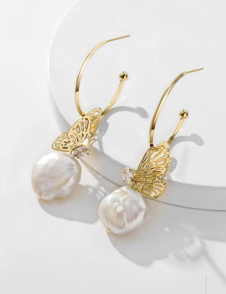 Genuine Baroque Pearl Butterfly Earrings