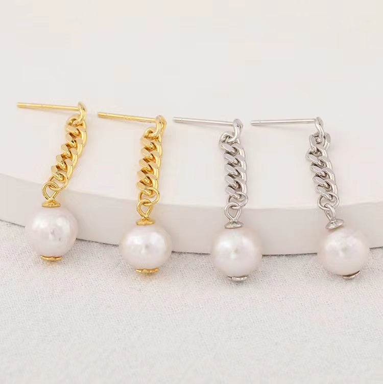 Genuine Baroque Pearl Solid S925 Silver Chain Earrings