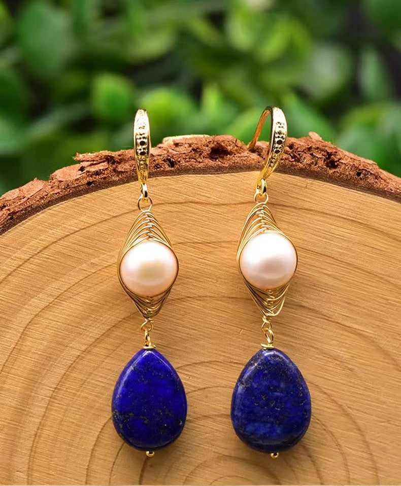 Genuine Freshwater Baroque Pearl & Lapis Lazuli Eye Earrings (Limited Edition)