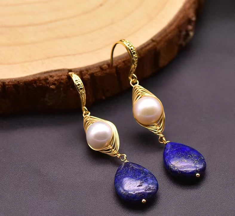 Genuine Freshwater Baroque Pearl & Lapis Lazuli Eye Earrings (Limited Edition)