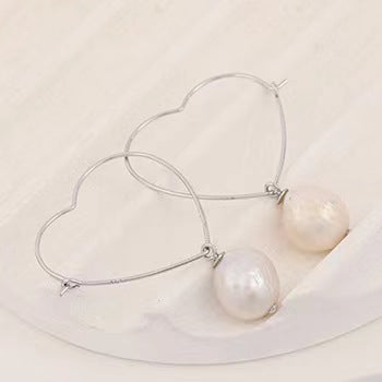 Genuine Baroque Pearl Solid S925 Silver Heart Earrings