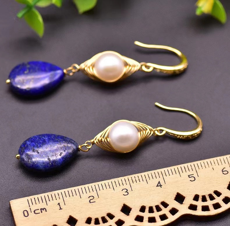 Genuine Freshwater Baroque Pearl & Lapis Lazuli Eye Earrings (Limited Edition)