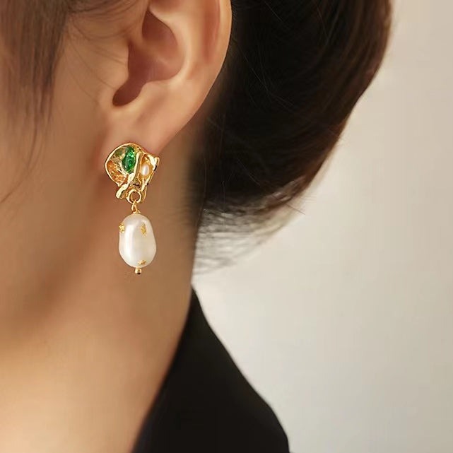 Genuine Freshwater Baroque Pearl Emerald Earrings