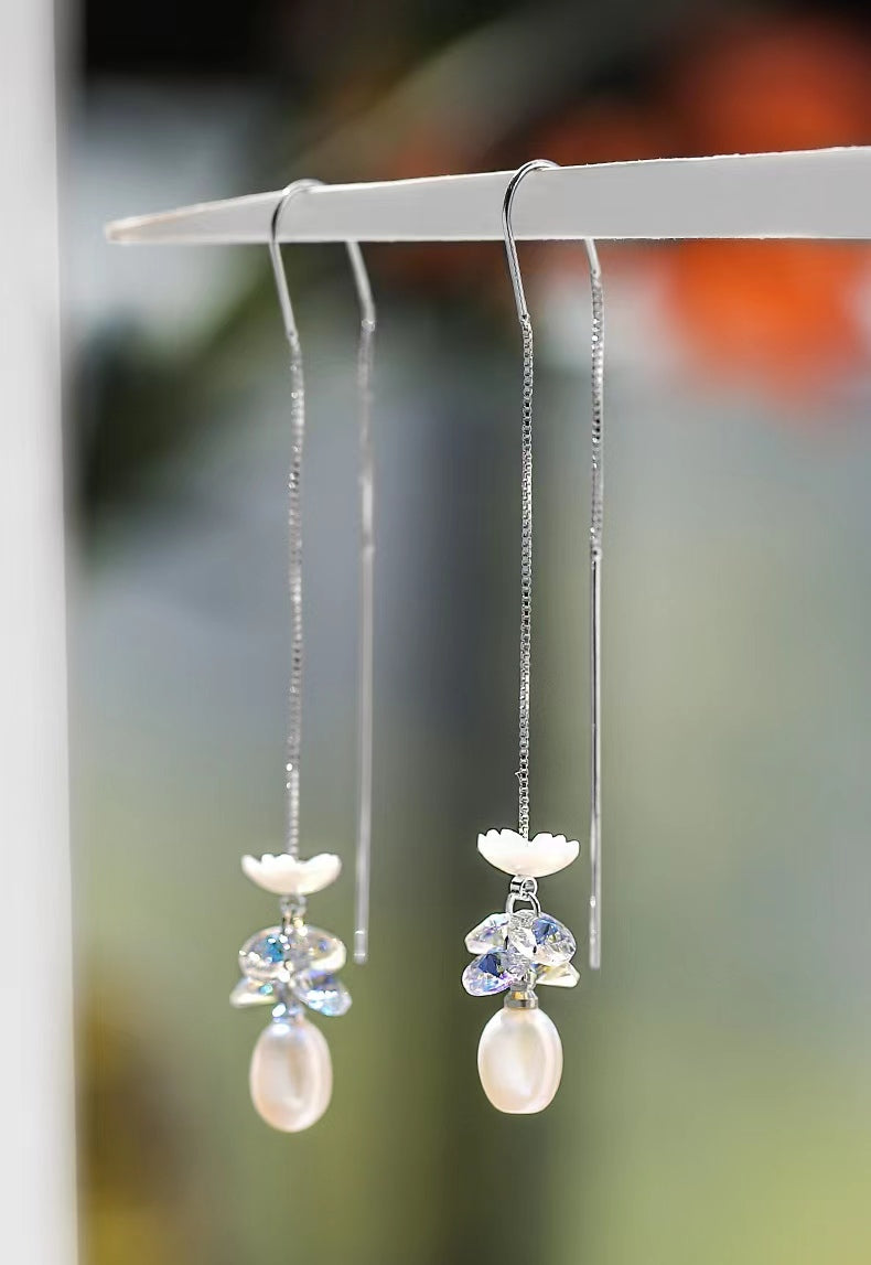 Genuine Freshwater Pearl Blue Flower Earrings