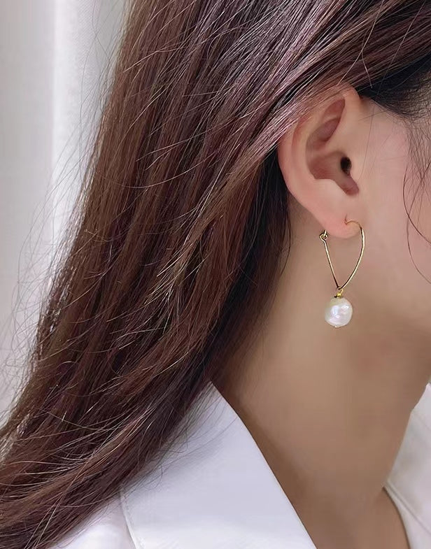 Genuine Baroque Pearl Solid S925 Silver Heart Earrings