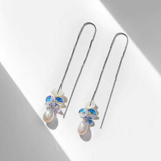 Genuine Freshwater Pearl Blue Flower Earrings