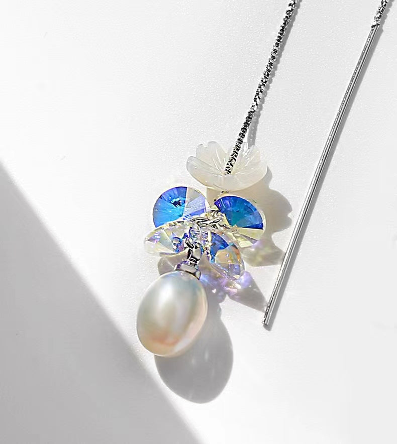 Genuine Freshwater Pearl Blue Flower Earrings