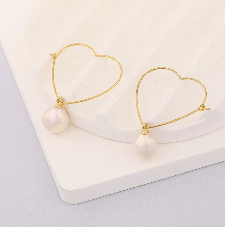 Genuine Baroque Pearl Solid S925 Silver Heart Earrings
