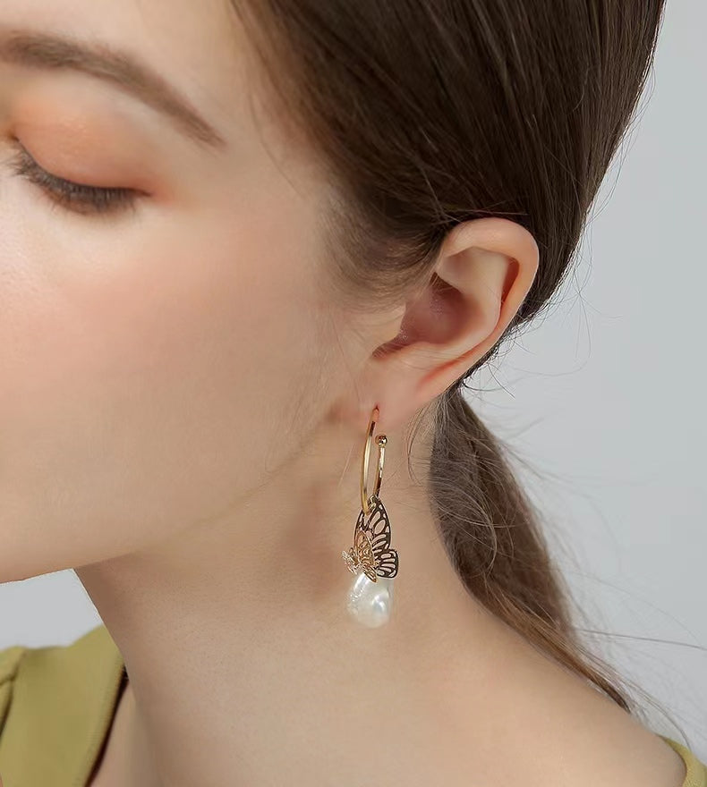 Genuine Baroque Pearl Butterfly Earrings