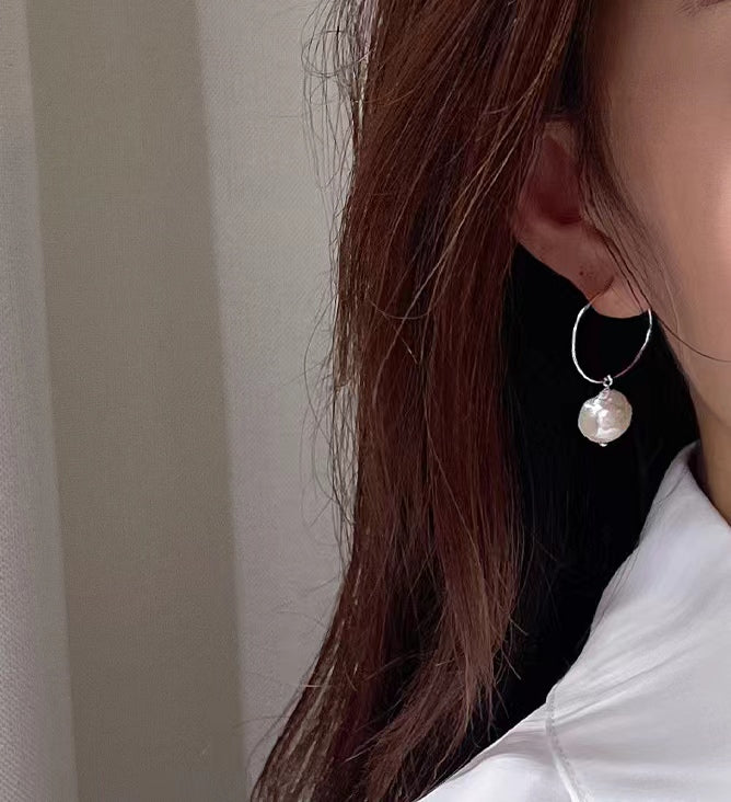 Genuine Baroque Pearl Solid S925 Silver Sun Halo Earrings