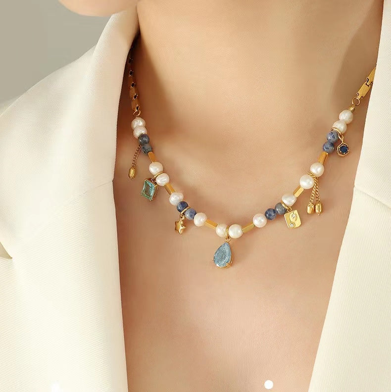 Genuine Freshwater Pearl Titanium Steel Blue Dream Necklace