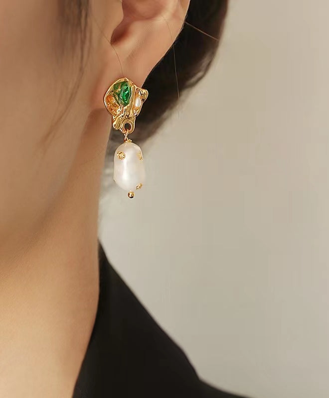 Genuine Freshwater Baroque Pearl Emerald Earrings
