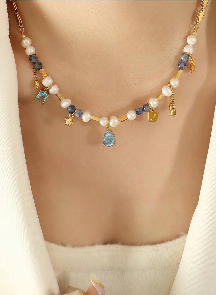 Genuine Freshwater Pearl Titanium Steel Blue Dream Necklace