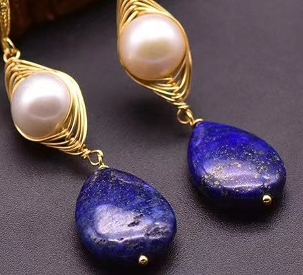Genuine Freshwater Baroque Pearl & Lapis Lazuli Eye Earrings (Limited Edition)