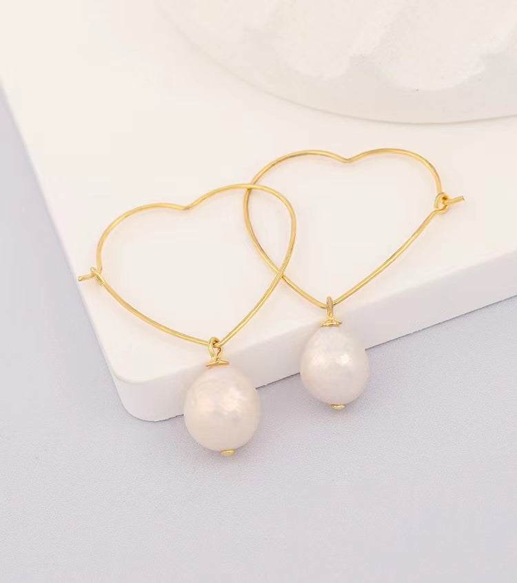 Genuine Baroque Pearl Solid S925 Silver Heart Earrings