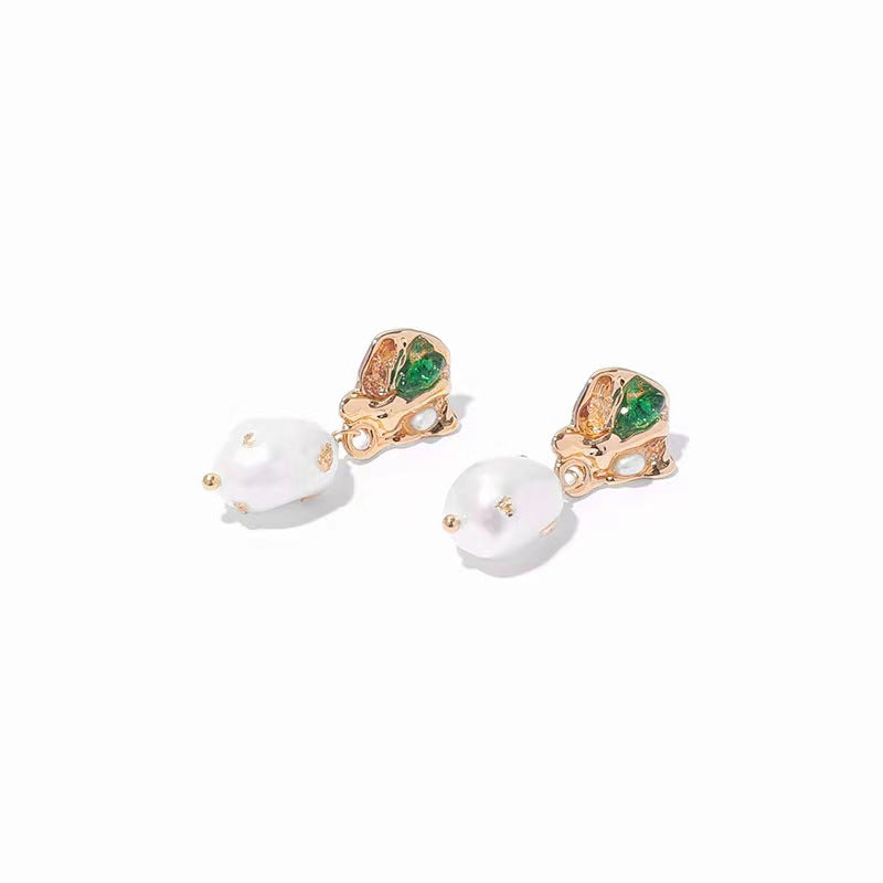Genuine Freshwater Baroque Pearl Emerald Earrings