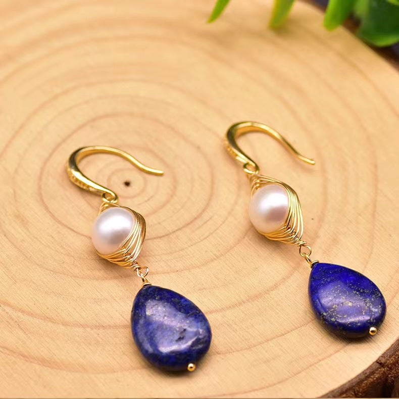 Genuine Freshwater Baroque Pearl & Lapis Lazuli Eye Earrings (Limited Edition)