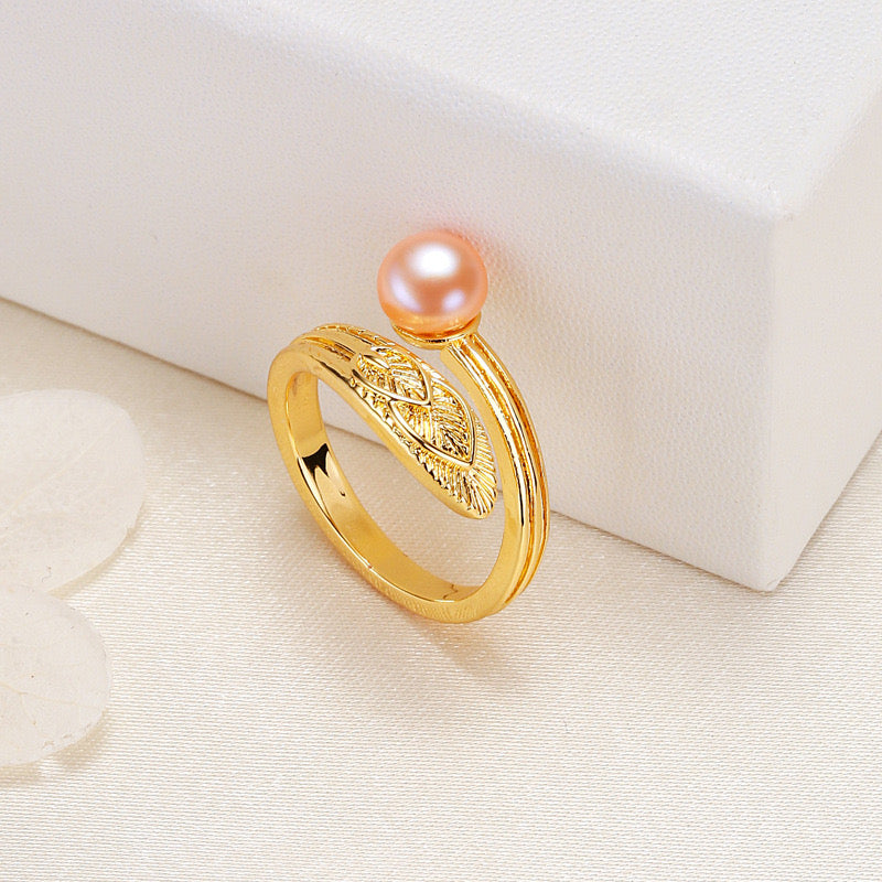 Brass Plated with 18K Gold Genuine Freshwater Pearl Wings Ring