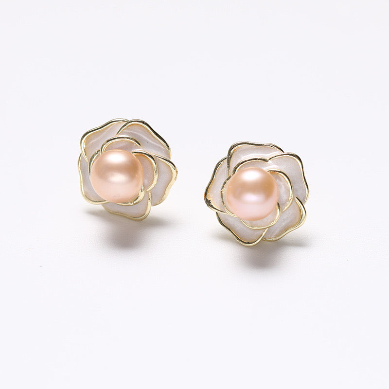 Genuine Freshwater Pearl Solid S925 Golden Rose Earrings