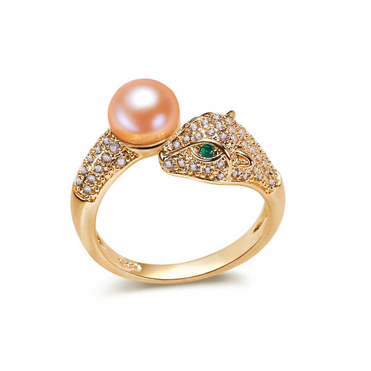 Brass Plated with 18K Gold Genuine Freshwater Pearl Leopard head Ring