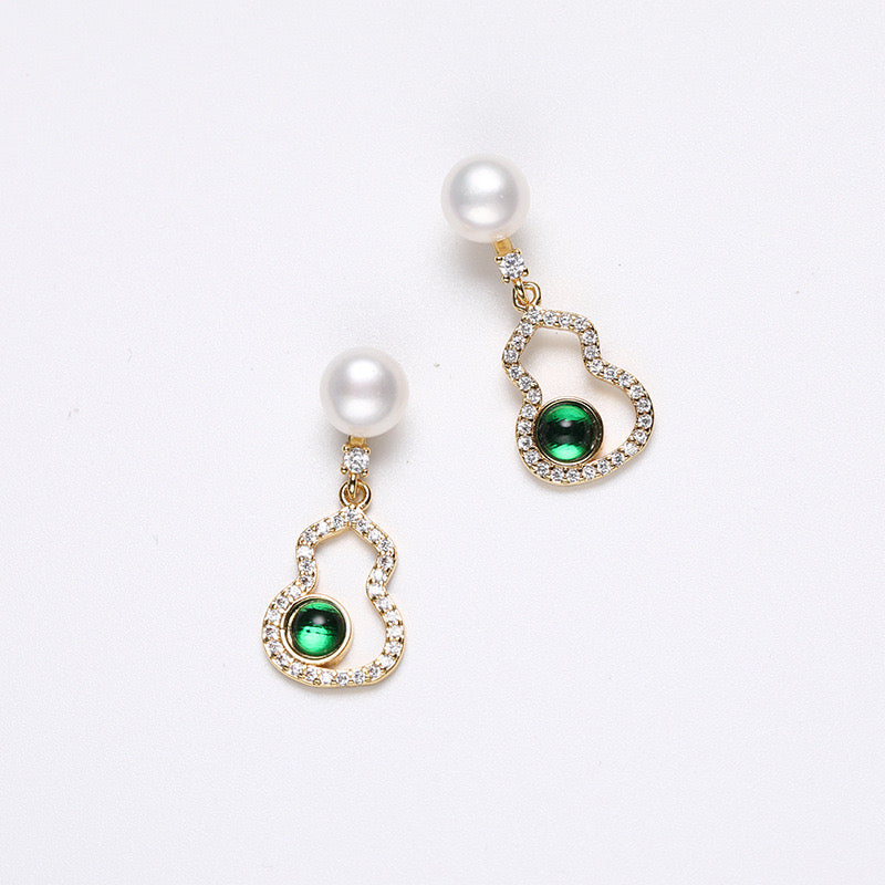 Genuine Freshwater Pearl Solid S925 Silver Emerald Gourd Earrings