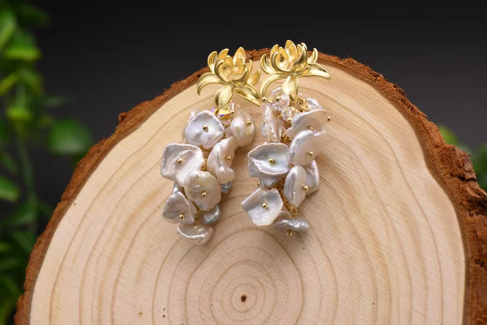 Genuine Freshwater Baroque Pearl Epiphyllum Earrings