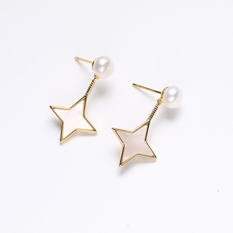 Genuine Freshwater Pearl Solid S925 Silver Shooting Star Earrings