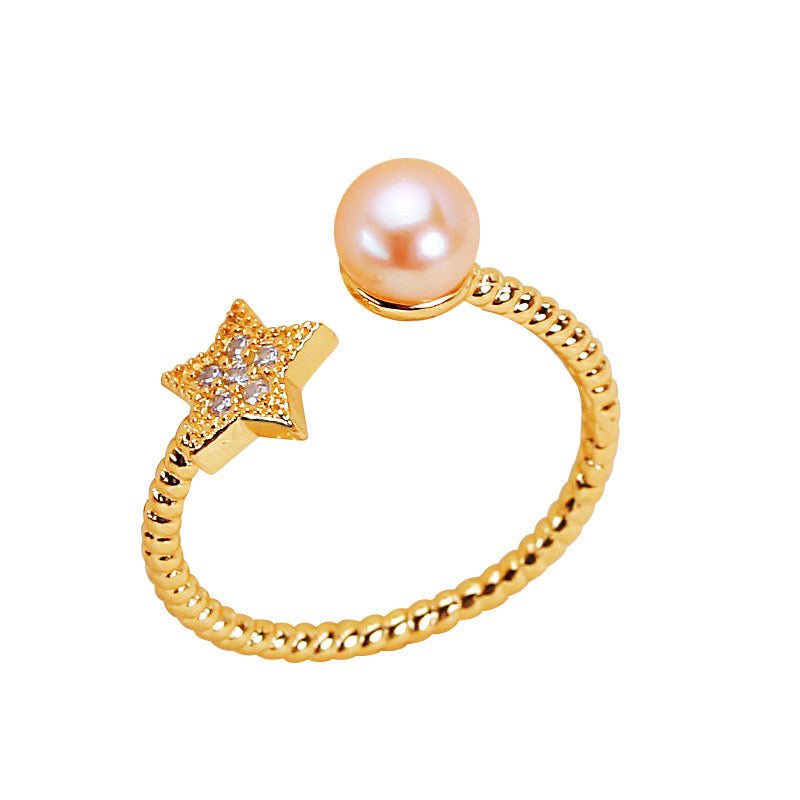 Brass Plated with 18K Gold Genuine Freshwater Pearl Star Ring